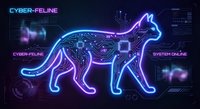 Futuristic neon cat silhouette with circuit board patterns and glowing purple blue lights on dark digital technology background for cyberpunk designs.