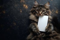 Fluffy tabby kitten holding blank white smartphone with paws against dark starry background with golden sparkles for technology and pet concepts.