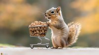 Adorable squirrel pushing miniature shopping cart filled with nuts in autumn setting, cute wildlife concept for seasonal marketing campaigns.