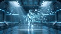 Digital human figure dissolving into particles and data streams in futuristic corridor with blue neon lighting, representing technology transformation and artificial intelligence concepts.