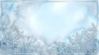 Frost-covered plants and delicate ice crystals frame a misty winter landscape with soft blue and white tones, suitable for seasonal backgrounds and holiday designs.