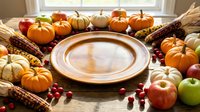Autumn harvest arrangement with empty ceramic plate surrounded by orange pumpkins, gourds, corn, apples and cranberries on wooden surface near window for fall seasonal design and holiday table settings.