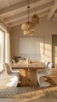 Modern dining room with wooden table, white chairs, and woven pendant lights for interior design and home decor projects.
