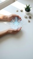 Hands protecting glowing compass hologram on white desk with stones and plant. Digital navigation concept for business guidance and strategic direction planning.