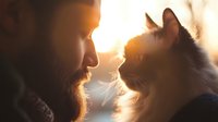 Man with beard sharing tender moment with fluffy cat in warm golden sunlight creating intimate bond between pet owner and feline companion at home.