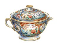 Ornate porcelain tureen with lid featuring intricate floral and geometric patterns in blue, gold, and multicolored enamels. Vintage serving vessel for home decor or tableware collections.