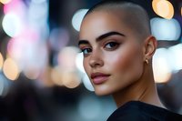 Young woman with shaved head, warm brown skin tone, bold makeup with defined eyebrows and mauve lipstick, wearing black clothing against blurred urban nighttime bokeh lights. Portrait for beauty, fashion, and lifestyle campaigns.