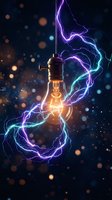 Glowing light bulb with colorful electric lightning bolts on dark background with bokeh lights for creative energy and innovation concepts.