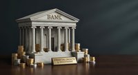 Classical bank building with columns surrounded by stacks of golden coins representing financial growth and investment opportunities for business.