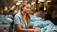 Young female medical professional in scrubs writing notes during hospital shift, focused expression while working at nurses station surrounded by medical supplies.