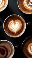 Artistically crafted latte cups with heart and leaf patterns in milk foam, arranged on dark background. Fresh coffee drinks showcase professional barista skills.