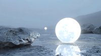 Glowing moon sphere on winter beach with ice formations creates surreal atmospheric scene. Mystical light reflection on frozen shore during twilight hours.