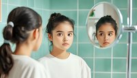 Young Asian girl with thoughtful expression looking at herself in bathroom mirror, wearing white t-shirt against mint green tiled wall. Reflection shows self-discovery moment.