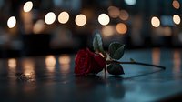 Single red rose lying on reflective surface with romantic bokeh lights in background creating dreamy atmosphere for Valentine's Day or anniversary celebrations.