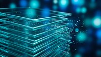 Futuristic digital technology concept with glowing blue layered transparent platforms and floating particles on dark background for tech presentations.