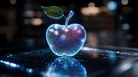 Glowing digital apple with sparkles and light effects on dark background. Holographic fruit shape with green leaf emits blue neon illumination. Modern tech concept.