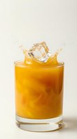 Ice cube splashing into a glass of golden orange juice with swirling liquid motion, captured on a light background for food and beverage use.