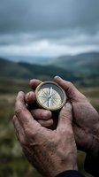 Weathered hands holding vintage brass compass in mountain landscape with cloudy sky, navigation and adventure concept for outdoor exploration and travel.