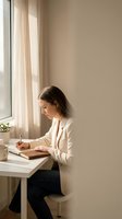 Young professional woman writing in notebook at home office desk by window wearing white blazer for business planning and productivity.