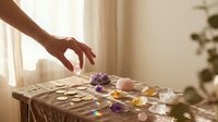 Hand reaching for healing crystals and gemstones arranged on wooden table with candles creating spiritual wellness atmosphere for meditation practice.