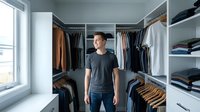 Young Caucasian man standing in modern walk-in closet with organized clothing racks, shelves and natural light from window for wardrobe storage.
