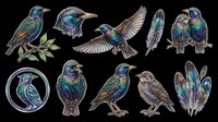 Hummingbirds and songbirds with iridescent plumage isolated on transparent background. Ready for t-shirt designs, clipart, stickers, sublimation, print-on-demand products and digital crafts.