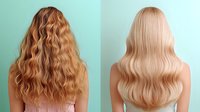 Long wavy blonde hair comparison showing different shades and textures from behind, demonstrating hair coloring and styling results on mint green background.