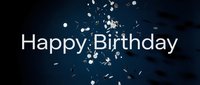 Happy Birthday greeting card with silver confetti falling on dark blue background, festive celebration concept for banners, invitations, and social media.