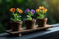 Orange and purple pansies growing in rustic terracotta pots arranged on wooden tray against blurred garden background, spring gardening concept.