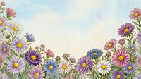 Watercolor wildflower border with purple, pink and white daisies on soft blue sky background for spring greeting cards and botanical designs.