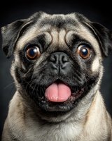 Adorable pug dog portrait with tongue out and expressive brown eyes on dark background for pet photography and animal lover designs.