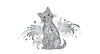 Sitting cat with ornamental patterns and decorative stars, isolated on white background. Zentangle style artwork suitable for coloring books, t-shirt designs, and print projects.