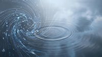 Digital data vortex merging with water ripples under stormy sky, symbolizing technology, big data flow, and cyber connectivity concepts.