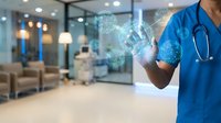 Healthcare professional in blue scrubs using futuristic holographic technology interface in modern medical facility with digital innovation concepts.