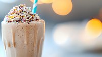 Creamy milkshake topped with whipped cream and colorful sprinkles dripping down glass sides against blurred bokeh lights background, refreshing summer drink.