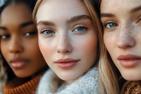 Close up portrait of diverse young women with natural makeup and different skin types showing facial features, beauty, and inclusivity in cosmetic industry.