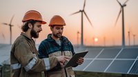 Engineers in safety helmets reviewing data on tablet at renewable energy site with solar panels and wind turbines during sunset.