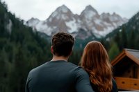 Young couple enjoying mountain view from cabin terrace during romantic getaway vacation in alpine landscape with snow-capped peaks and forest valley.