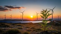 Wind turbines and solar panels at sunset creating sustainable energy landscape with green plant symbolizing renewable power and environmental harmony.