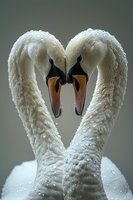 Two white swans with curved necks forming heart shape, beaks touching, covered in water droplets against soft green background. Romantic wildlife moment.