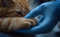 Veterinarian in blue medical gloves gently examining orange cat paw during checkup, close-up view showing professional pet care and animal health examination.