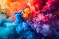 Vibrant multicolored smoke clouds creating dynamic abstract composition with blue, orange, pink and purple hues swirling against dark background. For creative design projects.