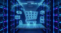 Futuristic e-commerce platform hologram with shopping cart, delivery truck, payment card and mobile icons in glowing blue neon digital environment for online retail.