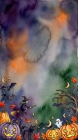 Watercolor Halloween night scene with witch, bats, jack-o-lanterns, pumpkins, autumn leaves, moons and stars on gradient purple, orange and green background for seasonal designs.
