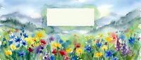 Watercolor wildflower meadow with blank banner space for text, featuring colorful blooms against misty mountain landscape for greeting cards and designs.