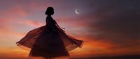 Silhouette of woman in flowing dress dancing at sunset with crescent moon in dramatic sky. Freedom and elegance concept for lifestyle and wellness designs.