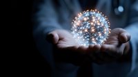 Glowing digital sphere with connected network points floating above business person's palm against dark background, representing global technology and innovation.