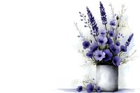 Purple lavender flowers and wildflowers in rustic metal vase with scattered petals on white background for home decor and botanical design projects.