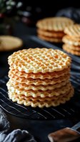 Stack of golden crispy waffle cookies cooling on wire rack, homemade sweet treats for breakfast dessert or snack time with festive holiday background.