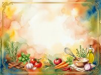 Watercolor cooking frame with fresh vegetables, herbs, olive oil, and wooden utensils on warm background. Isolated design element for recipe cards, menus, kitchen decor, and culinary branding projects.